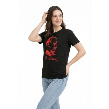 MARSiLYAN- Atatürk Baskılı Tişört Kısa Kollu Bisiklet Yaka  T-Shirt - Siyah