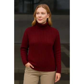 MARSiLYAN- Balıkcı Yaka Bağazlı Triko Kazak Pamuklu Kalın Fitilli Dokuma - Bordo