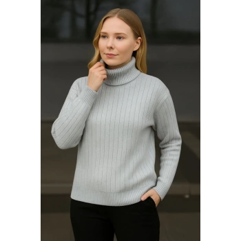 MARSiLYAN- Balıkcı Yaka Bağazlı Triko Kazak Pamuklu Kalın Fitilli Dokuma - Gri