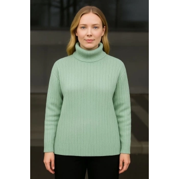 MARSiLYAN- Balıkcı Yaka Bağazlı Triko Kazak Pamuklu Kalın Fitilli Dokuma - Mint Yeşili