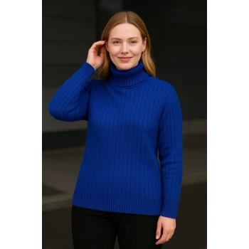 MARSiLYAN- Balıkcı Yaka Bağazlı Triko Kazak Pamuklu Kalın Fitilli Dokuma - Saks Mavisi