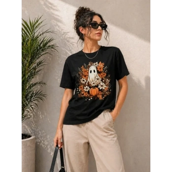 MARSiLYAN- Balkabağı Hayalet Baskılı Tişört Kısa Kol Yazlık T-Shirt - Siyah