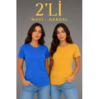 MARSiLYAN- Basic Bisiklet Yaka Yazlık Slim Fit T-Shirt - Mavi - Hardal Sarısı