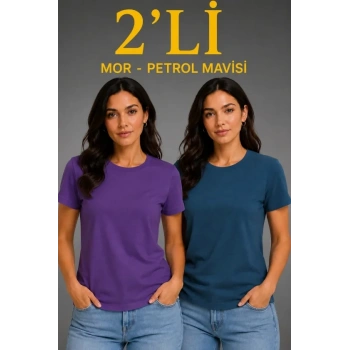 MARSiLYAN- Basic Bisiklet Yaka Yazlık Slim Fit T-Shirt - Mor - Petrol Mavisi