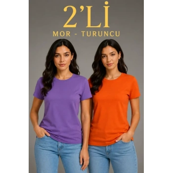MARSiLYAN- Basic Bisiklet Yaka Yazlık Slim Fit T-Shirt - Mor  - Turuncu
