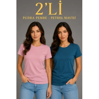 MARSiLYAN- Basic Bisiklet Yaka Yazlık Slim Fit T-Shirt - Pudra Pembe - Petrol Mavi