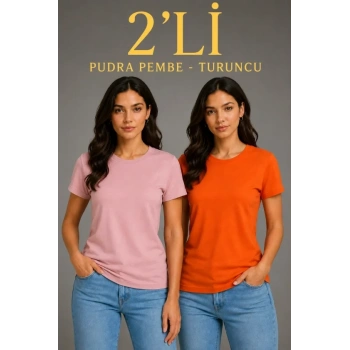 MARSiLYAN- Basic Bisiklet Yaka Yazlık Slim Fit T-Shirt - Pudra Pembe - Turuncu