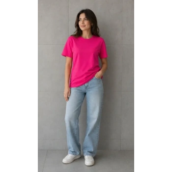 MARSiLYAN- Basic Pamuklu Tişört Bisiklet Yaka Düz Renk Relaxed Fit T-Shirt - Fuşya