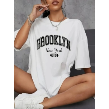 MARSiLYAN- Baskılı Oversize Bisiklet Yaka T-shirt - Beyaz