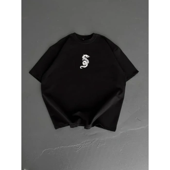 MARSiLYAN- Baskılı Oversize Bisiklet Yaka T-shirt - Siyah