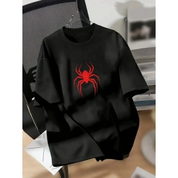 MARSiLYAN- Baskılı Oversize Bisiklet Yaka T-shirt - Siyah