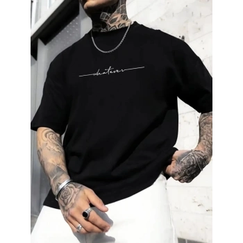 MARSiLYAN- Baskılı Oversize Bisiklet Yaka T-shirt - Siyah