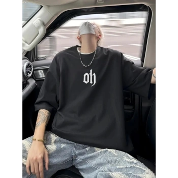 MARSiLYAN- Baskılı Oversize Bisiklet Yaka T-shirt - Siyah