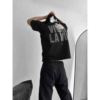 MARSiLYAN- Baskılı Oversize Bisiklet Yaka T-shirt - Siyah