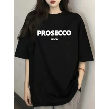 MARSiLYAN- Baskılı Oversize Bisiklet Yaka T-shirt - Siyah