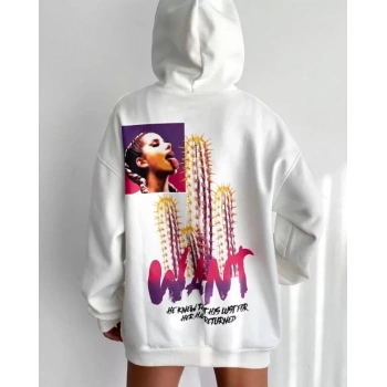 MARSiLYAN- Baskılı Üç İplik Kapüşonlu Oversize Sweatshirt - Beyaz