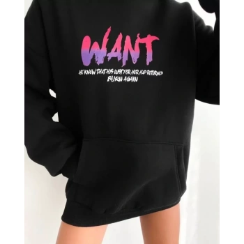 MARSiLYAN- Baskılı Üç İplik Kapüşonlu Oversize Sweatshirt - Siyah