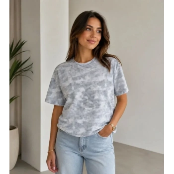 MARSiLYAN- Batik Desenli Tişört Bisiklet Yaka Kısa Kol Regular Fit T-shirt - Gri