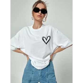MARSiLYAN- Bisiklet Yaka Baskılı Oversize T-Shirt - Beyaz