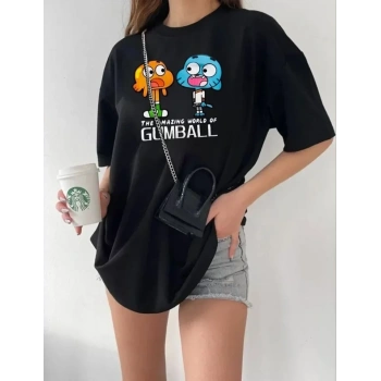 MARSiLYAN- Bisiklet Yaka Baskılı Oversize T-Shirt - Siyah