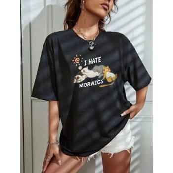 MARSiLYAN- Bisiklet Yaka Baskılı Oversize T-Shirt - Siyah