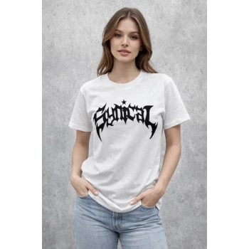MARSiLYAN- Bisiklet Yaka Ön Baskılı Kısa Kollu Tişört Streetwear Günlük Basic Pamuklu T-shirt - Beyaz