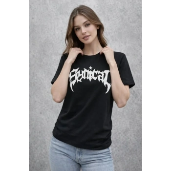 MARSiLYAN- Bisiklet Yaka Ön Baskılı  Kısa Kollu Tişört Streetwear Günlük Basic Pamuklu T-shirt - Siyah