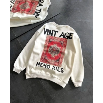 MARSiLYAN- Bisiklet Yaka Üç İplik Baskılı Oversize SweatShirt - Beyaz