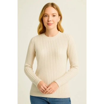 MARSiLYAN- Bisiklet Yuvarlak Yaka Triko Kazak Pamuklu Kalın Fitilli Dokuma, Regular Fit Uzun Kollu Kışlık Model - Bej