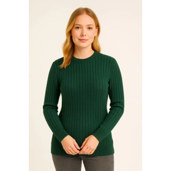 MARSiLYAN- Bisiklet Yuvarlak Yaka Triko Kazak Pamuklu Kalın Fitilli Dokuma, Regular Fit Uzun Kollu Kışlık Model - Haki