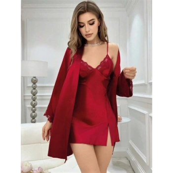 MARSiLYAN-  Bordo İnce Askılı Saten 2li Gecelik Sabahlık Takımı