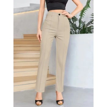 MARSiLYAN- Bordo Renk Yüksek Bel Maskülen Kesim Kumaş Pantolon