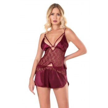 MARSiLYAN-  Bordo Saten Babydoll Şort Takımı