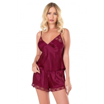 MARSiLYAN-  Bordo Saten Babydoll Şort Takımı