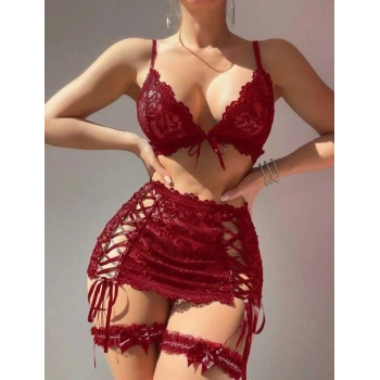 MARSiLYAN-  Bordo Transparan Dantel İşlemeli İp Detaylı Fantezi Takım