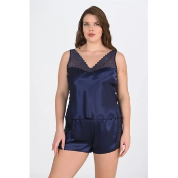 MARSiLYAN-  Büyük Beden Dantel İşlemeli Lacivert Saten Şortlu Gecelik Takımı