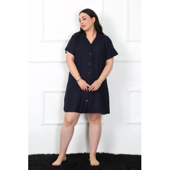 MARSiLYAN- Büyük Beden Dokuma Düğmeli Lacivert Tunik Gecelik