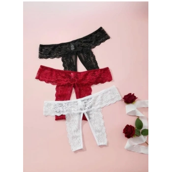 MARSiLYAN-  Büyük Beden Fantezi Kadın 3lü Özel Bölgeleri Açık Dantelli Tanga seti TG270045-B