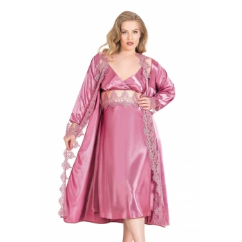 MARSiLYAN-  Büyük Beden Gül Kurusu Uzun İkili Saten Sabahlık Gecelik Takımı