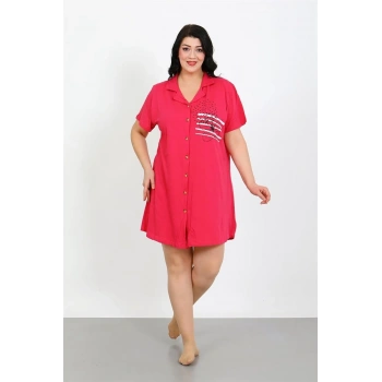MARSiLYAN- Büyük Beden Penye Düğmeli Fuşya Tunik Gecelik