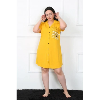 MARSiLYAN- Büyük Beden Penye Düğmeli Sarı Tunik Gecelik