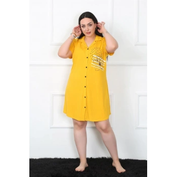 MARSiLYAN- Büyük Beden Penye Düğmeli Sarı Tunik Gecelik