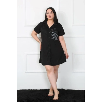 MARSiLYAN- Büyük Beden Penye Düğmeli Siyah Tunik Gecelik