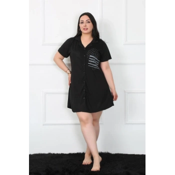 MARSiLYAN- Büyük Beden Penye Düğmeli Siyah Tunik Gecelik