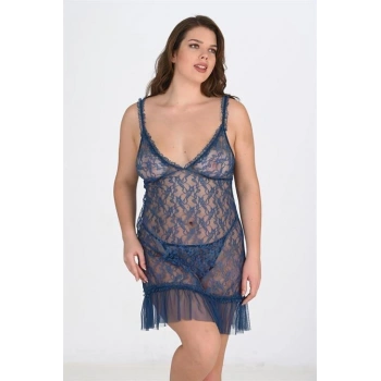 MARSiLYAN-  Büyük Beden Petrol Mavisi Dantel İşlemeli Tül Gecelik