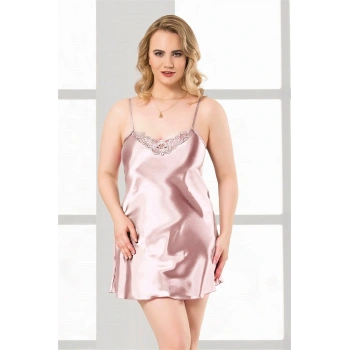 MARSiLYAN-  Büyük Beden Somon Kısa Saten Gecelik