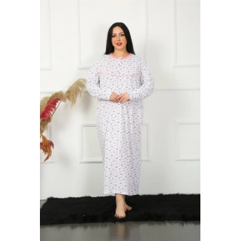 MARSiLYAN- Büyük Beden Uzun Kol Beyaz Anne Gecelik