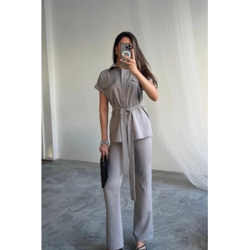 MARSiLYAN- ÇİZGİLİ POLYVİSKON BLUZ  PANTOLON TAKIM