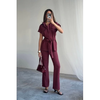MARSiLYAN- ÇİZGİLİ POLYVİSKON BLUZ  PANTOLON TAKIM