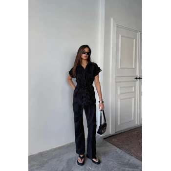 MARSiLYAN- ÇİZGİLİ POLYVİSKON BLUZ  PANTOLON TAKIM